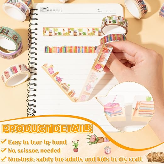 Watercolor Book Washi Tape - 12 Roll Lover Books Coffee Study Library Bookshelf Themed, Cozy Study Space Designs for Scrapbooking, Journaling, Gift Wrapping, Bookmark Making & Library Decor