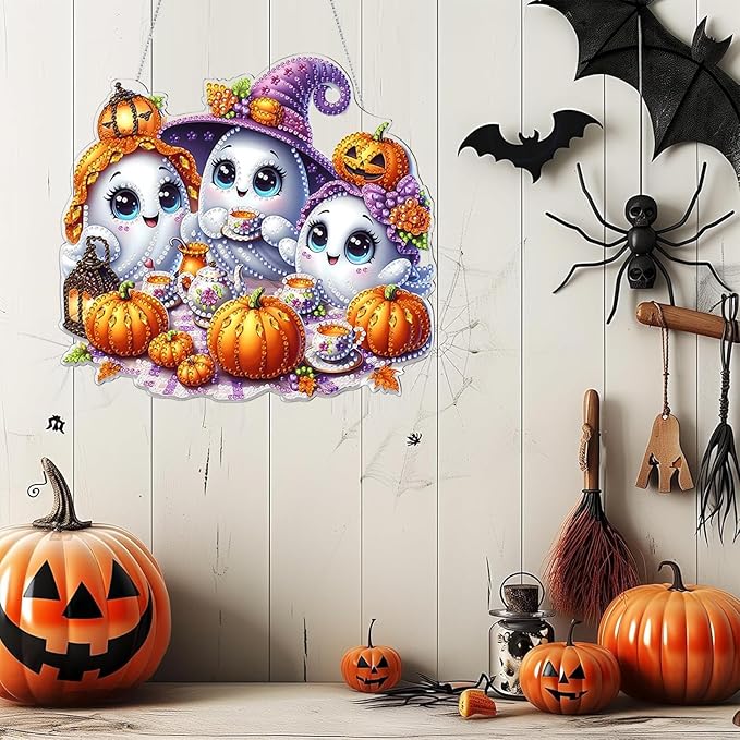 Diamond Art Hanging Kits for Adult, Fall Pumpkins Crafts Decor 5D DIY Acrylic Diamond Art Painting Ornaments, Window Pendants Wall Hanging Kits for Home Garden
