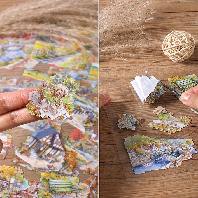 PET Autumn Sticker 20 Sheets 150 Pre-Cut Fall Stickers for Scrapbooking Landscape Scrapbook Sticker Transparent Stickers for journaling