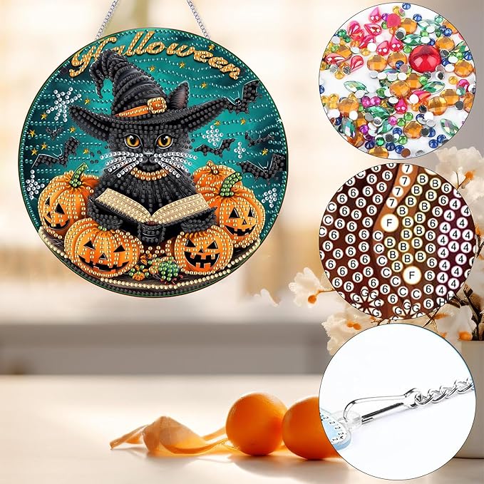 Bimkole Halloween Cat Diamond Art Hanging Kit for Adult, DIY 5D Diamond Art Pumpkins Window Pendant, Acrylic Crystal Art Hanging Ornament Home Wall Garden Front Door Sign Outdoor Decor 7.8x7.8 Inch