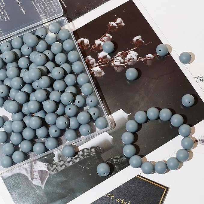 120pcs Richbunnys 15mm Bulk Silicone Beads for Pens and Keychain Making,Large Bead for Necklace and Bracelets Making,Assorted Rubber Beads Set（Dark Gray）