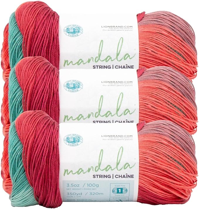 Lion Brand Yarn Mandala String, Fingering Yarn for Knitting and Crochet, Disco, 3 Pack