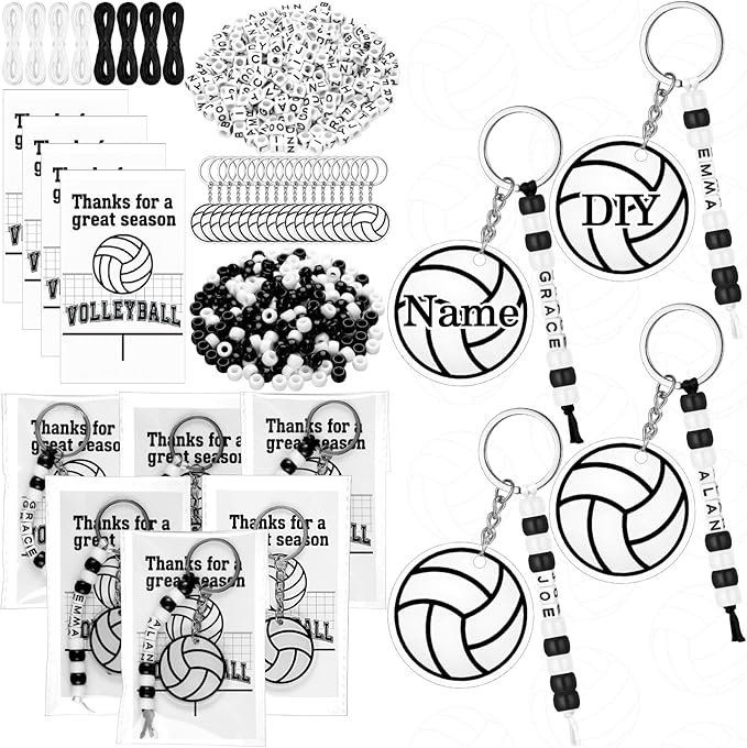 Suncalla 984 Pcs 24 Set Volleyball Keychain Making Kit DIY Volleyball Bag Tag Sport Key Chain Crafts Adjustable Letter Beads Cards Strings Kit Team Gift Backpack Accessories Party Favors(White Black)