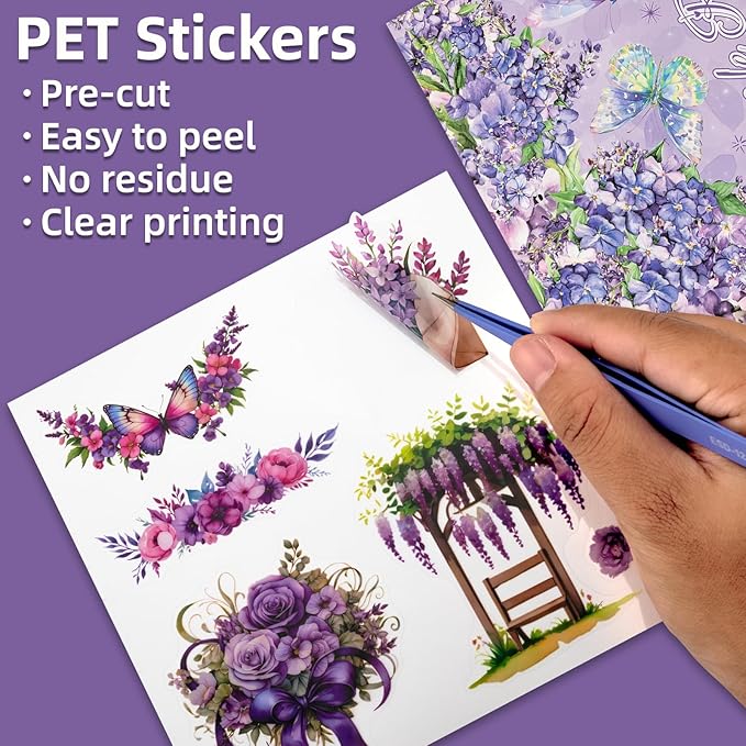 Purple Garden Scene Theme Sticker Scrapbooking Supplies for Junk Journal, 30 Sheets PET Stickers - Vintage Journaling Stickers, Ephemera Sticker Book Pre Cut(TZ-005-003)