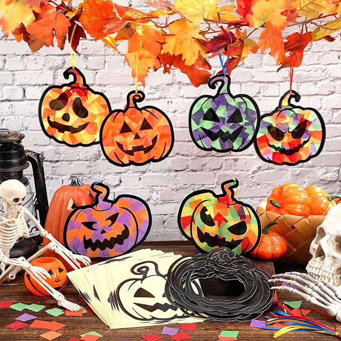 Yaomiao 30 Set Halloween Pumpkin Suncatchers Paper Crafts Kit DIY Shaped Stained Glass Effect Tissue Paper Hanging Suncatchers for Halloween Home Birthday Party Favors Gifts