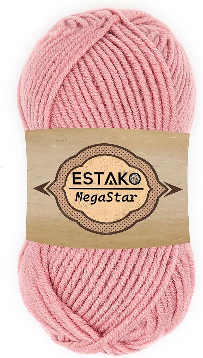 Estako Megastar, 75% Acrylic 25% Wool Yarn, Soft, Chunky Bulky Weight #5 for Crochet and Knitting 3.52 Oz (100g) / 120 Yrds (110m) (63142 - Rose)