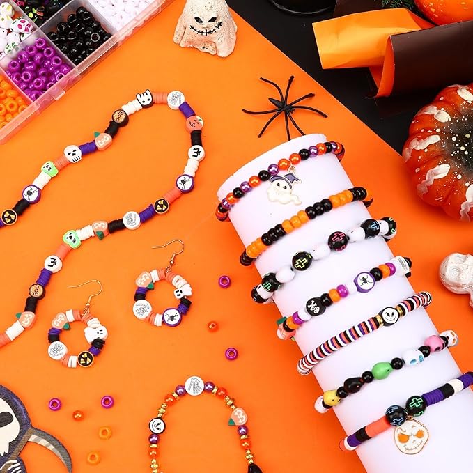 UPINS 2100PCS+ Halloween Beads Bracelet Making Kit, Halloween Clay Beads Spacer Beads for Jewelry Making, Polymer Clay Pony Letter Beads Charms for DIY Jewelry Projects