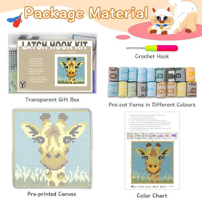 YP Latch Hook Rug Kits for Adults,Crochet Yarn Pre-Printed Cushion Embroidery Needlework Carpet DIY Tapestry Rug Making Kit for Family Decoration 12X12inch(Giraffe)
