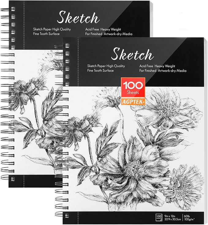 AGPTEK Sketch Book, Art Sketch Book 9''X12, 2 Packs (68lb/100g), Spiral Bound with Easy-to-Remove Pages, Great for Artists, Writers & Illustrators