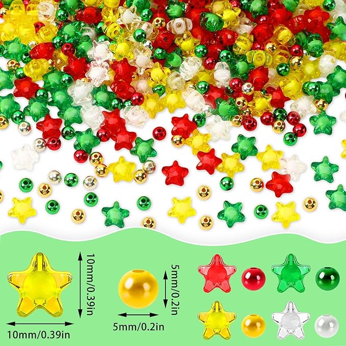 UPINS 1500Pcs Christmas Beads, Red Green Gold Silver Craft Beads Star Spacer for Xmas Holiday DIY Crafts and Necklace Bracelet Earring Supplies for Jewelry Making