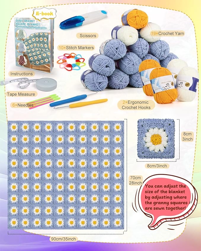 Coopay Crochet Kit Beginners for Blanket, Granny Squares Crochet Blanket Kit w Instructions & Enough Yarn, Complete Crocheting Starter Set - Easy to Learn for Adults (Blue-Purple)