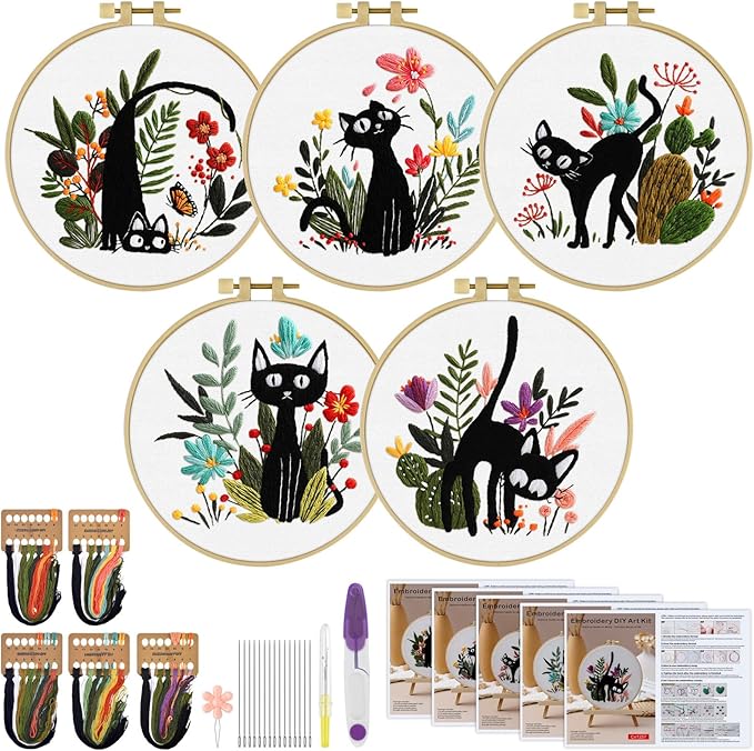 ERKOON Embroidery Kit for Beginners, 5 Sets Flower Cross Stitch Set for Adults Include Embroidery Cloth Hoops Threads for Craft Lover Hand Stitch with Skill Techniques (Black Cat)