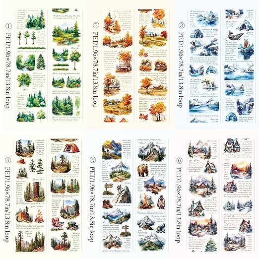 Landscape Tape Stickers for Journaling Supplies, 6 Rolls PET Vintage Nature Stickers for Scrapbooking, Journaling, Planner (Landscape)