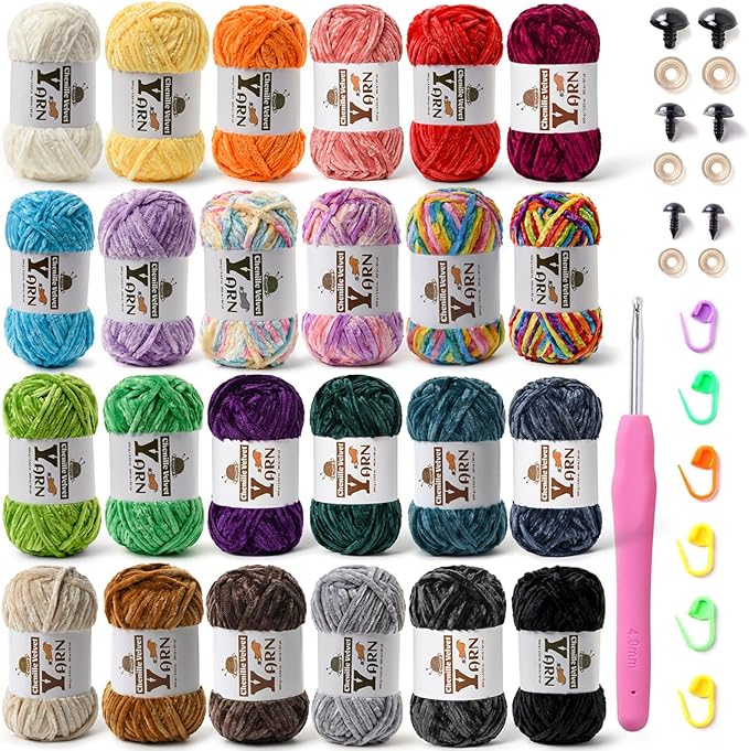 24 Pack Multicolor Crochet Yarns, Fluffy Chunky Chenille Yarn for Crocheting, Fuzzy Velvet Yarn for Crochet Kit, Baby Yarns for Crocheting Soft Amigurumi Set A (100g/87yds Each)
