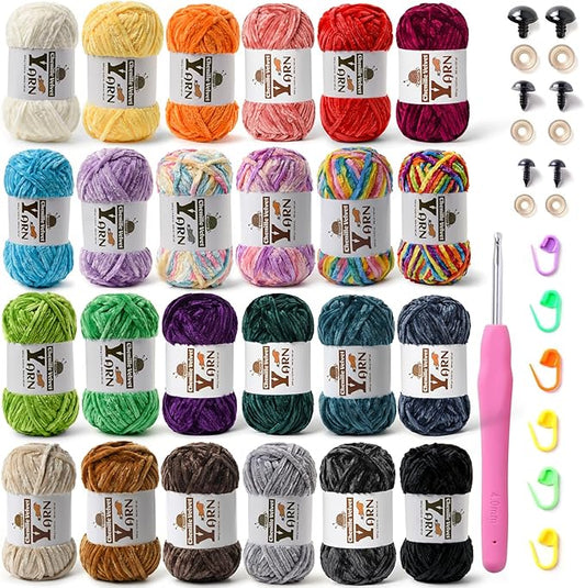 24 Pack Multicolor Crochet Yarns, Fluffy Chunky Chenille Yarn for Crocheting, Fuzzy Velvet Yarn for Crochet Kit, Baby Yarns for Crocheting Soft Amigurumi Set A (100g/87yds Each)