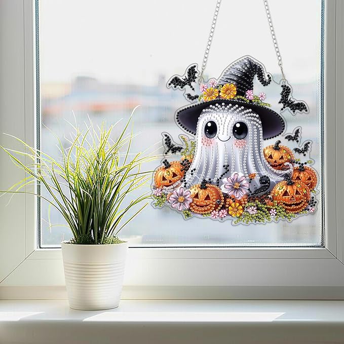 SENQAO Ghost Diamond Art Hanging Kits for Adults Kids, Acrylic Diamonds Painting Pendant Board Kits Halloween, Diamond Art Painting Window Pendants Home Garden Wall Hanging Kits Hanging Ornament