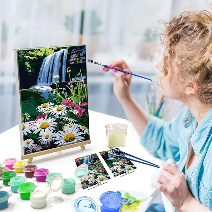 ATDMS Paint by Numbers Kit for Adults with Frame, Landscape Paint by Number with Easel, DIY Flowers Adult Paint by Number Kits on Canvas, Waterfall Oil Painting Kits for Home Wall Decor 8x12 Inch