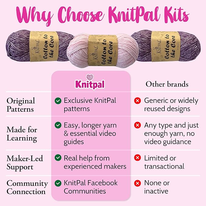 KnitPal Everyday Joy Knitting Kit – Make 4 Reusable Dishcloths for Confident Beginners – Cotton to The Core Yarn (#3 DK), Needles, Patterns & Video Tutorials (Plum Purple + Blush Pink)