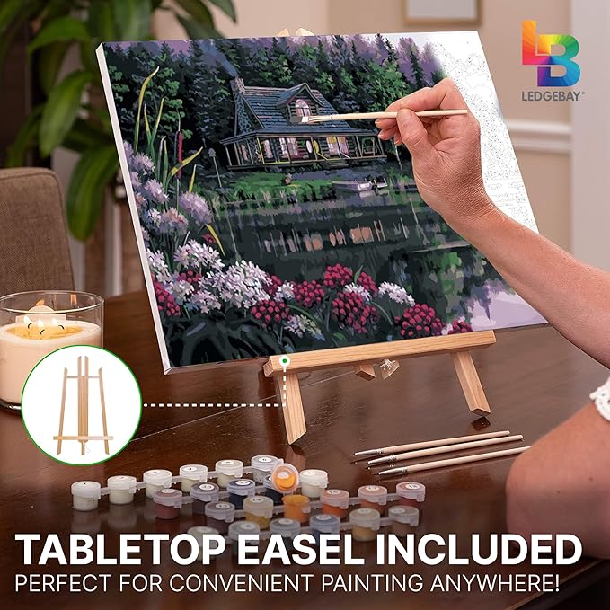 Ledgebay DIY Paint by Numbers Kit for Adults Framed Canvas Beginner to Advanced Paint by Numbers Kit Kits Include Acrylic Paint Set Brushes Tabletop Easel (Still Waters 16" x 20" Framed)