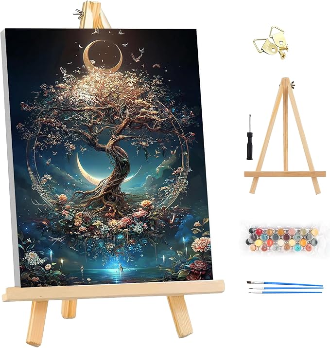 EOBROMD Framed Paint by Numbers Kits for Adults - Wooden Easel, Tree of Life DIY Acrylic Paint by Number on Stretched Canvas, Painting Kits Adults Oil by Numbers for Home Decor 10x14 Inch