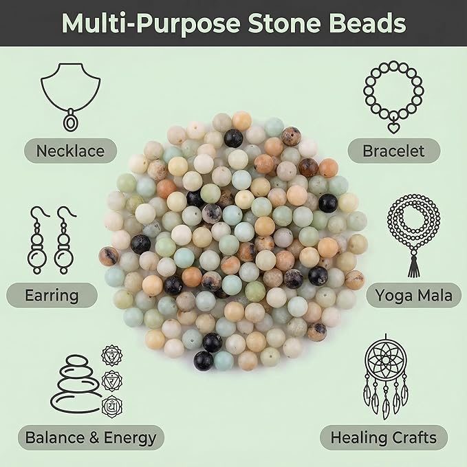 Natural Stone Beads for Jewelry Making 100pcs 8mm Genuine Gemstone Round Amazonite Beads for DIY Bracelets Necklaces Yoga Mala Healing Crystal Stones for Crafts