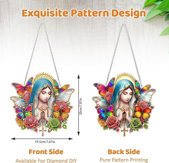 MEIYUDA Virgin Mary Diamond Art Hanging Kits for Adult, Butterfly Virgin Mary Diamond Painting Hanging Kits Ornaments, DIY Special Shaped Rhinestone Window Pendant kit for Home Garden Wall Decor Gift