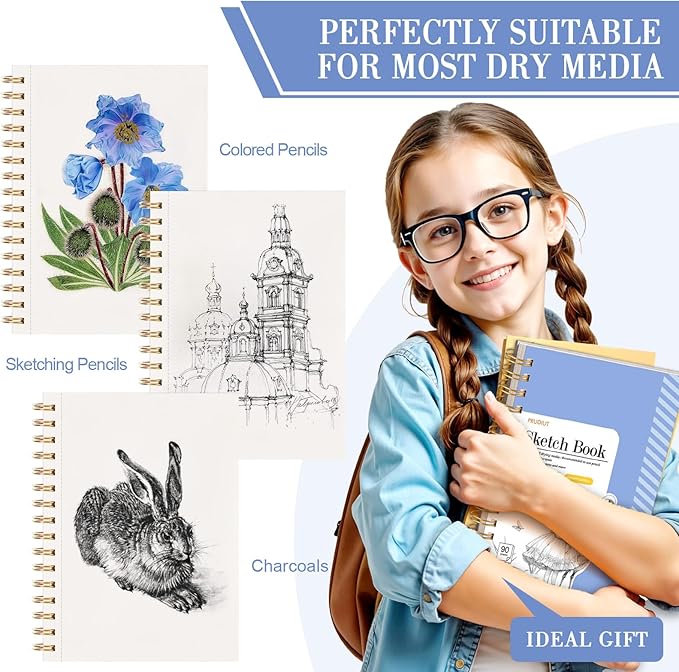 Sketch Book with 12 Color Pencil Set, 90 Sheets Spiral Sketchbook for Drawing (68lb/100gsm), Acid-Free Sketch Pad for Kids Artist, Art Paper Drawing Supplies for Gifts(Blue)