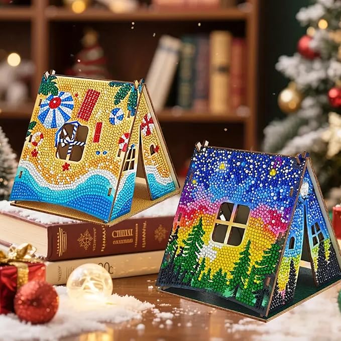 Party Ready 3D Diamond Painting Tent Craft Kit with LED Lights – Full Drill Crystal Mosaic Wood Puzzle, DIY Holiday Decorative Art for Home Display (Beach Tent)