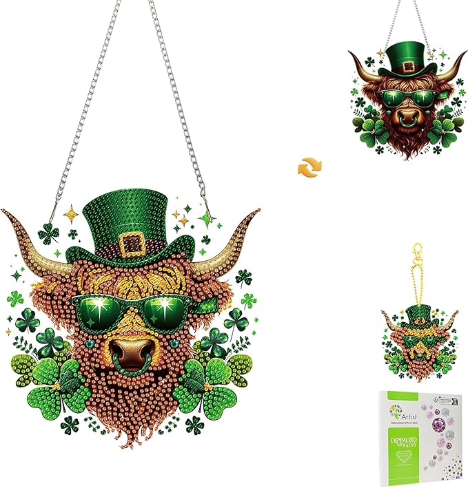 Masendp St. Patrick's Day Cow Diamond Painting Double-Sided Hanging Ornament Set, DIY Irregular Shaped Rhinestone Window Decoration Set, Suitable for Home and Garden Wall Decoration Gifts