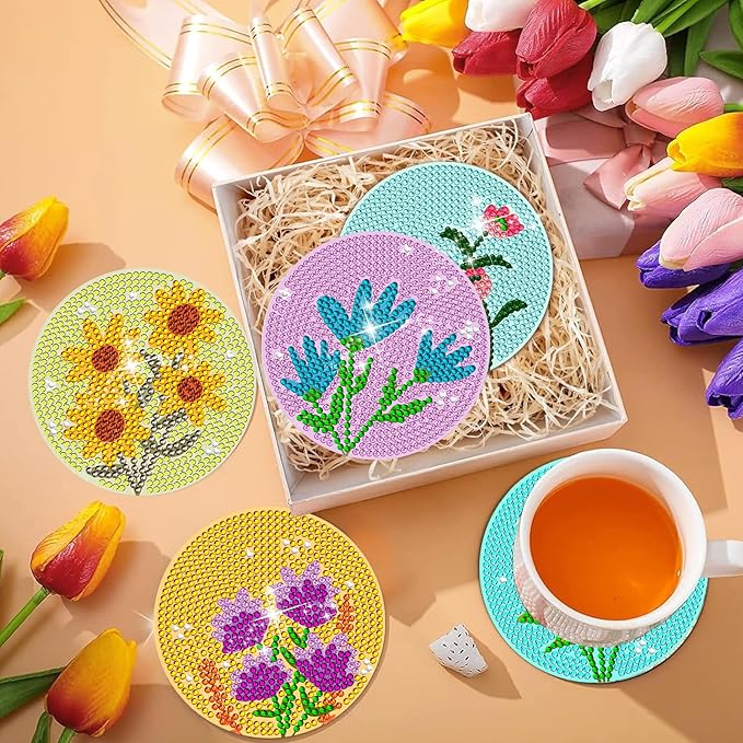 EWJRNSF 8 PCS Diamond Art Coasters Kit, Small Diamond Painting Coasters, Fall Diamond Art Kits for Adults Beginners, Arts and Crafts Supplies Item Sets with Holder