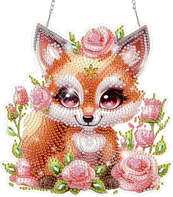 DOMROM Fox Diamond Art Hanging Kits for Adults, Special Shaped Crystal Diamond Painting Fox Pendant, DIY Diamond Art Suncatchers Animal for Home Garden Wall Decor Gift