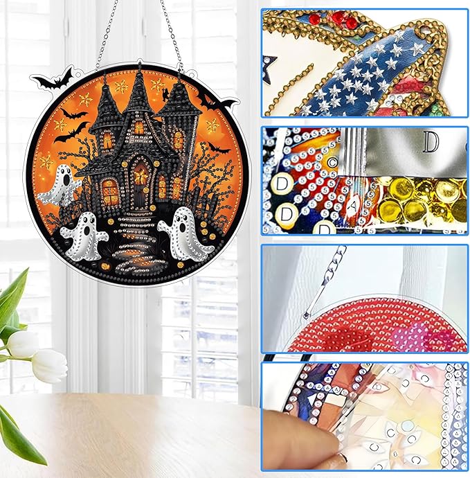 Reofrey Hanging Diamond Art Kits for Adults - 8x8 Inch Halloween Ghost Acrylic Board Double Sided Pattern Diamond Art Suncatcher Pendant, Crystal Art for Home Wall or Window Decoration Handmade Gift