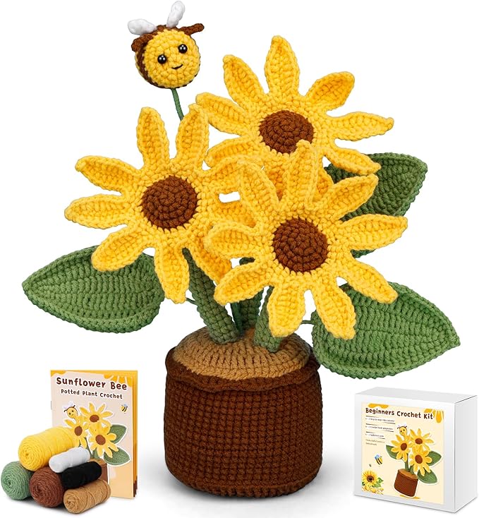 LUNARM Crochet Kit for Beginners, Sunflower Beginners Crochet Kit for Adults, Learn Starters Kit with Video Tutorial, Knitting Yarn, Hook DIY Craft Home Deco, Holiday Birthday Gift