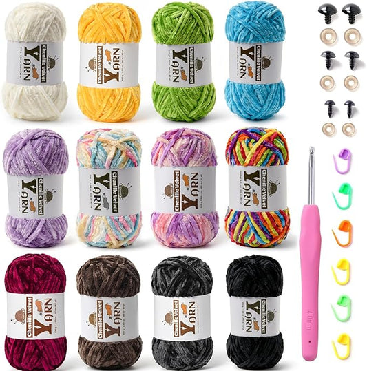 12 Pack Multicolor Crochet Yarn, Fluffy Chunky Chenille Yarn for Crocheting, Fuzzy Velvet Yarn for Crochet Kit, Baby Yarn for Crocheting Soft Amigurumi Yarn Set C (100g/87yds Each)