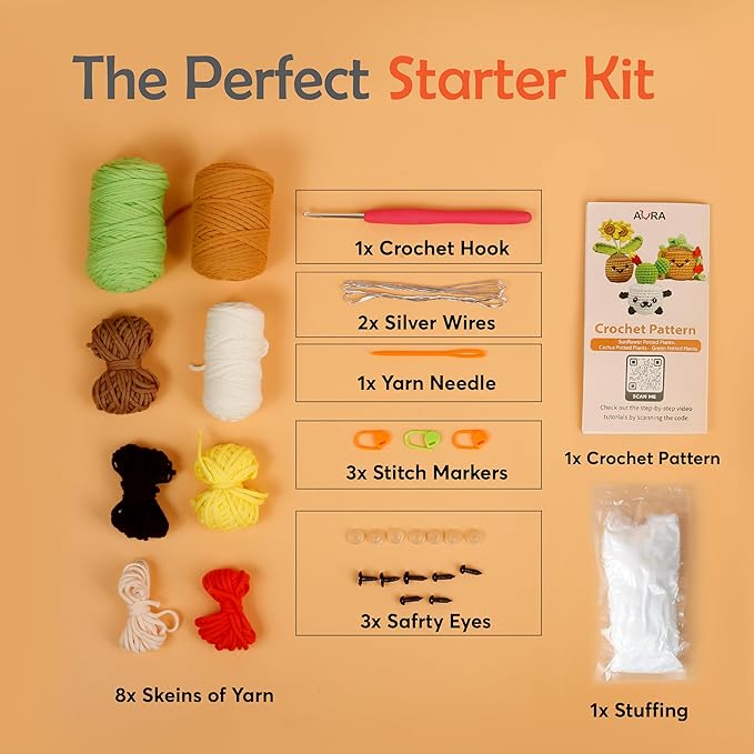 A-URA 3-in-1 Learn to Crochet Kit for Beginners Kids and Adults, Premium Pattern Sunflower, Panda Cactus, Hanging Pot Plant Beginner Crochet Kits with Easy Tube Yarn & Step-by-Step Video Tutorials