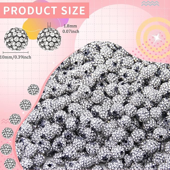 150 Pcs 10mm Rhinestone Beads for Jewelry Making, Black White Shiny Round Shamballa Disco Baseball Necklace Beads Sparkle Crystal Clay Pave Rhinestones Bead for DIY Bracelet Earring Making Supplies