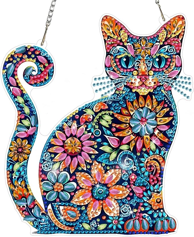DOMROM Cat Diamond Art Hanging Kits for Adults Beginners, Special Shaped Crystal Diamond Painting Cat Pendant, DIY Diamond Art Suncatchers Animals for Home Garden Wall Decor Gift