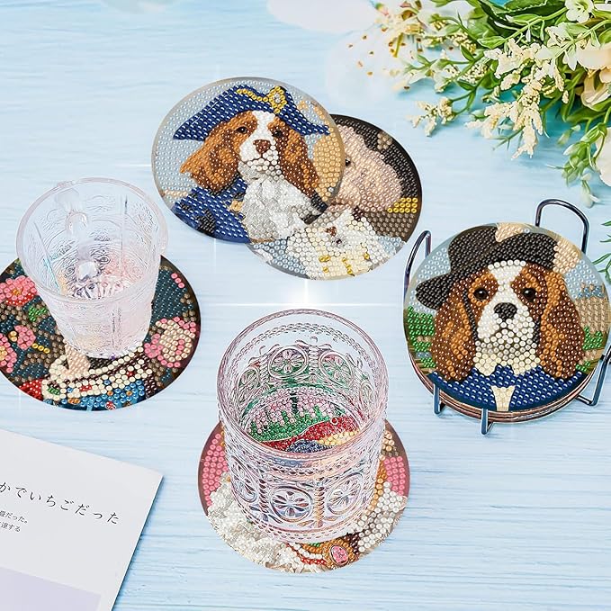 igoodom 8 Pcs Diamond Art Coasters Kit with Holder, DIY Funny Dog Diamond Painting Coasters for Beginners Adults, Non Slip Diamond Art Kits Craft Supplies 4x4inch