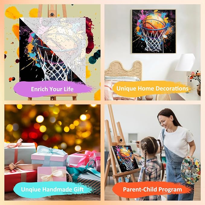Paint by Numbers Kit for Kids with Frame, Basketball Paint by Numbers for Kids Ages 4-8-12, DIY Basketball Acrylic Oil Painting for Home Wall Art Decor Gift 7.8x7.8 inch (with Frame Easel)