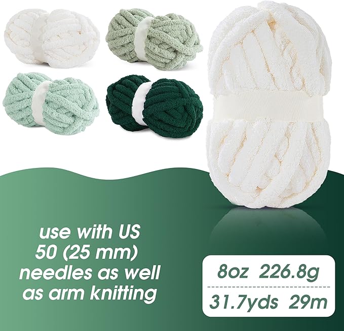 MABOZOO Assorted Chunky Yarn for Crocheting 8 Pack - Fluffy Jumbo Chenille, Soft Plush Bulky, Giant Thick Fuzzy for Hand or Arm Knitting - Green Multi (31.7 Yds, 8 Oz Each Skein)