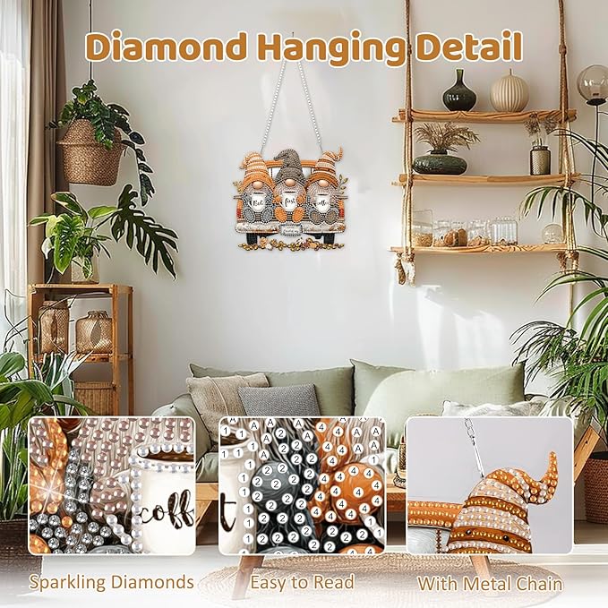MEIYUDA Coffee Gnomes Diamond Art Hanging Kits for Adult, Truck Gnome Diamond Painting Hanging Kits Ornaments, DIY Special Shaped Rhinestone Window Pendants kit for Home Garden Wall Decor Gift