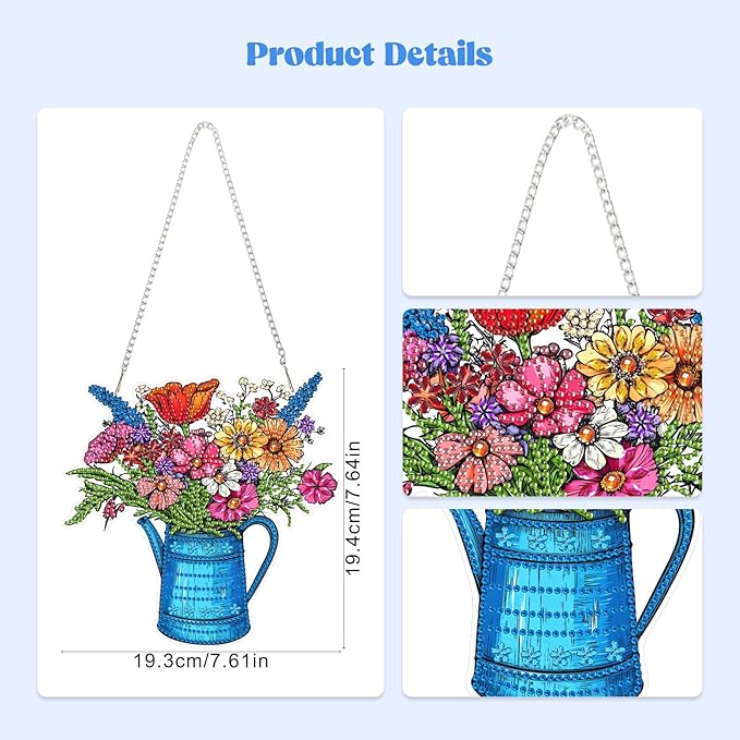 RICUVED Flowers Hanging Diamond Art Kit for Adults, Kettle Special Shaped Crystal Gem Craft Diamond Painting Pendant Kit for Beginners, DIY Hanging Acrylic Art Ornament for Home Garden Wall Decor
