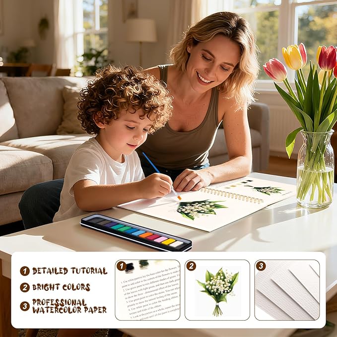 Watercolor Workbook for Adults, Beginner Friendly Watercolor Painting Kit Bouquet Water Coloring Book, Nature-Themed Practice Art Gift Water Color Paint Book with Palette and Brush