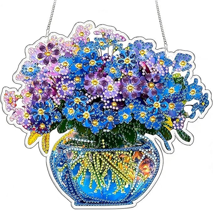 IASINN Blue Flowers and Vase Diamond Painting Pendant 5D Diamond Art Painting Kits for Adults Beginners, Special Shape Crystal Diamond Crafts Ornament Hanging Sign for Home Wall Window