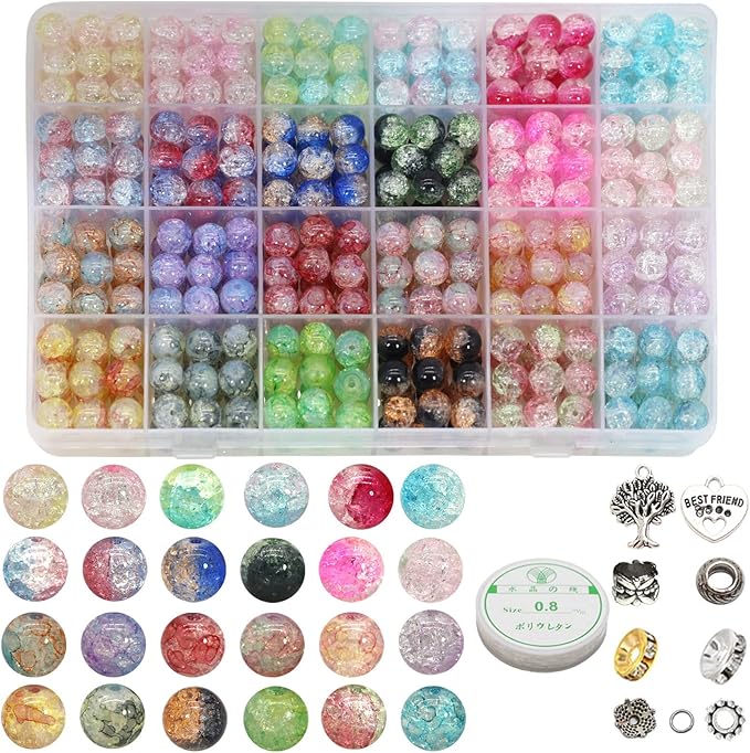10mm Crackle Glass Beads for Jewelry Making 600pcs Assorted Panited Handcrafted Round Beads for Bracelet Lampwork Smooth Loose Beads Spacer Necklace Earring & DIY Crafts Beads Supplies