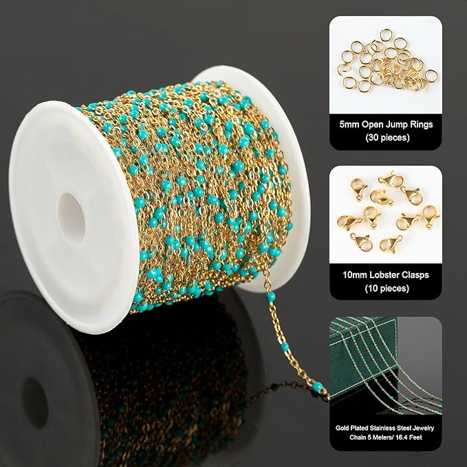 UMAOKANG 33ft/10m Turquoise Enamel Bead Chains for Jewelry Making Gold Plated Stainless Steel Jewelry Chain Roll