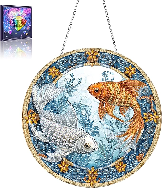 Wergund 5D DIY Carp Diamond Art Hanging Kits, Hanging Diamond Art Fish, Acrylic Special Shaped Rhinestone, Window Hanging Pendants for Home Wall Garden Front Door Outdoor Decor Gift(Carp)