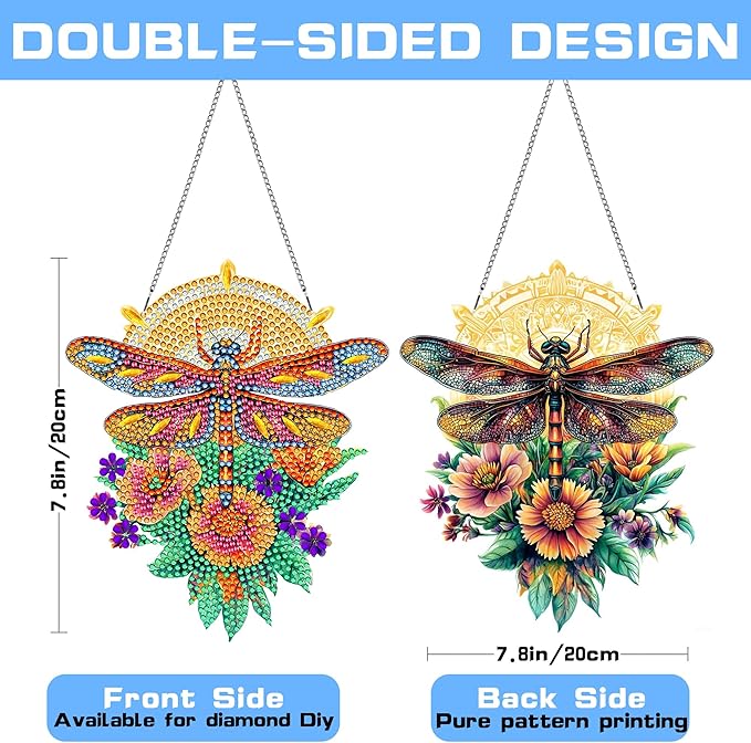 VAIIEYO Dragonfly Diamond Painting Hanging, Animal Diamond Painting Suncatchers Window Hanging Kit with Chain, 7.5x7.5 inch Crystal Pendant Art Craft for Gift Home Wall Front Door Decoration