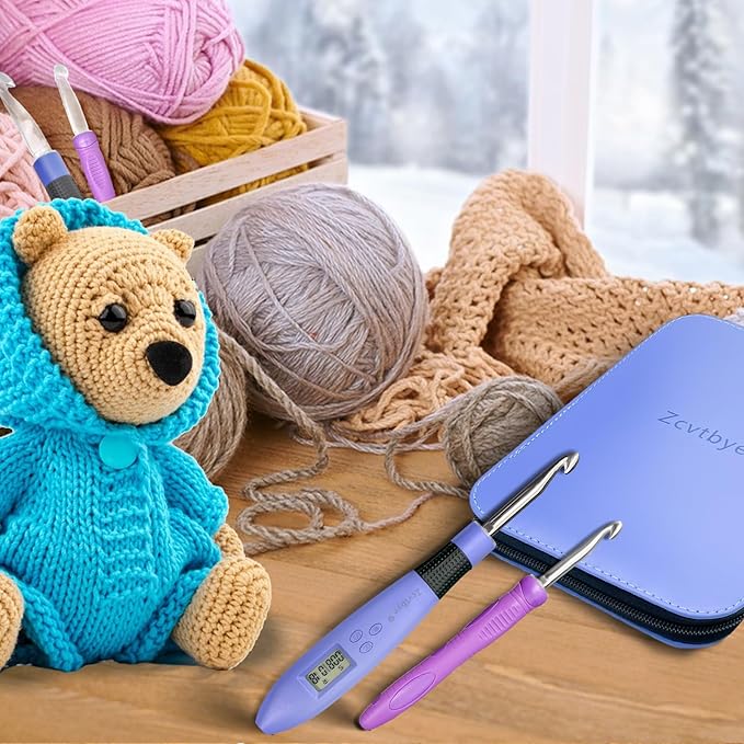 Counting Crochet Hooks with 22 Interchangeable Hooks Kit, Light Up Crochet Hook Set - Ergonomic for Arthritic Hands, Digital Stitch & Row Counter, Lighted Crochet Needles Kit with Case (Blue, 22 Size)