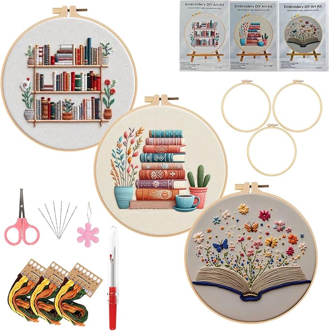 Embroidery Kit for Adults, Pre-Stamped Pattern Embroidery Kit for Beginners, DIY Hand Needlepoint Starter Kit with Hoop Thread Needle Instruction, 7.87'' Hoop (Book Lover 3 Packs)